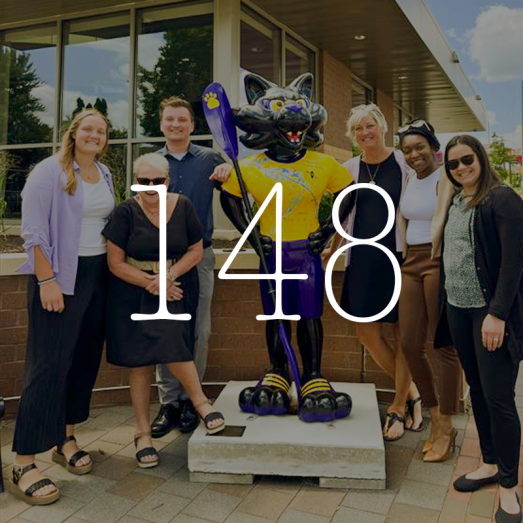 2024 Financial Literacy hours 148. Photo of CBT employees posing for a photo with UNI Mascot, TC