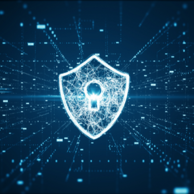 Blue graphic with a digitized shield icon and a key hole