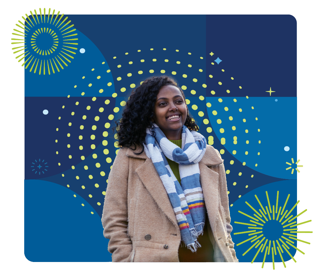 Colorful geometric background of woman smiling